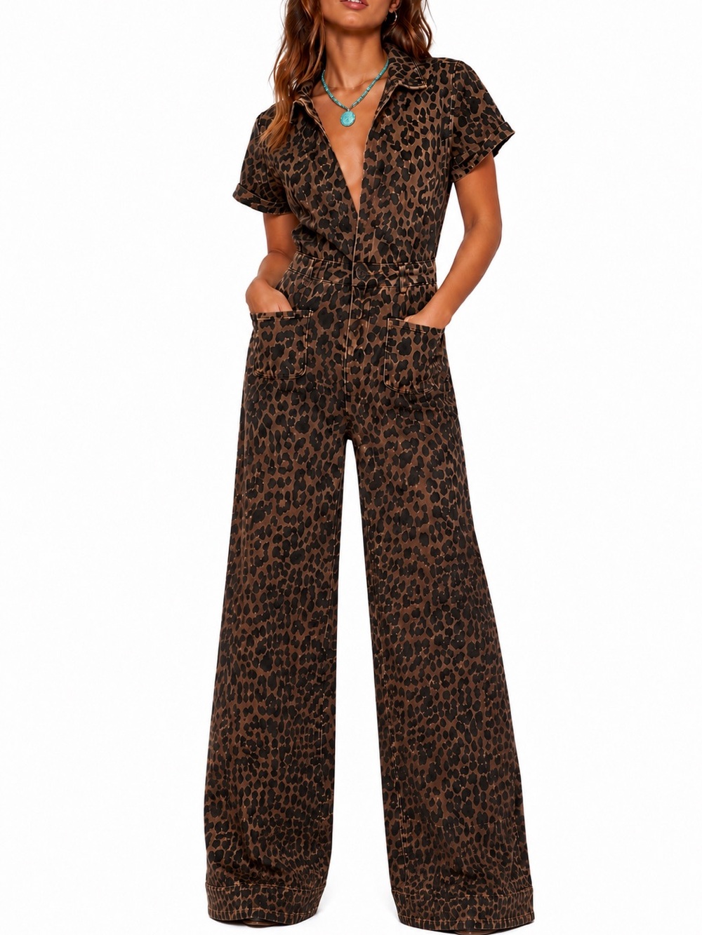 Nasty Gal Leopard Print Utility Jumpsuit | Wide Leg Western Cowgirl US 4